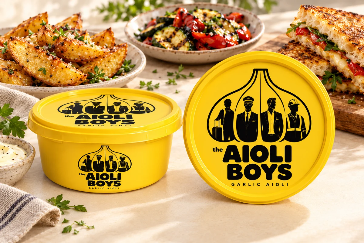 Yellow Aioli Boys tub and lid with our approved logo: four founders inside a garlic bulb, representing travel, aviation, real estate, and construction, with potatoes, grilled vegetables and toasted sandwiches behind them